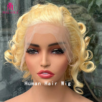 613# Pixie Cut Wigs Human Hair Loose Wave Curly Wig 13x4 Lace Front Human Hair Wig  260% Density 8Inch for Black Women