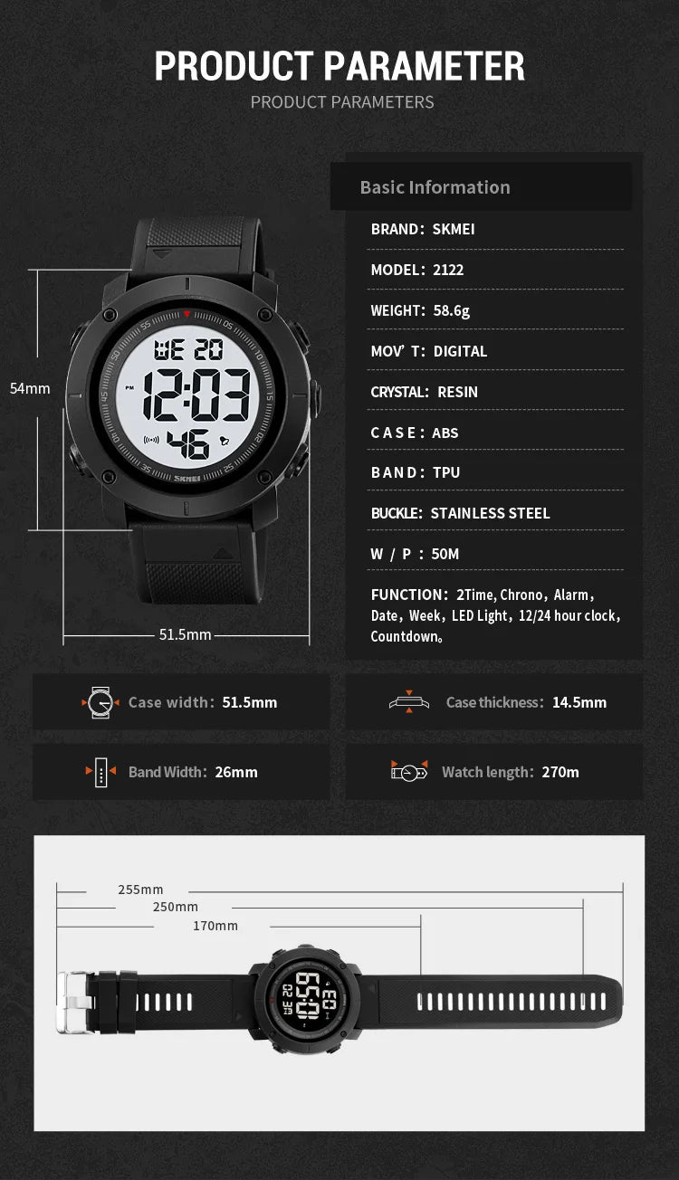 SKMEI 2122 Men's Electronic Watch Sports Waterproof Glow Electronic Watch Multi functional Student LED Watch Men's