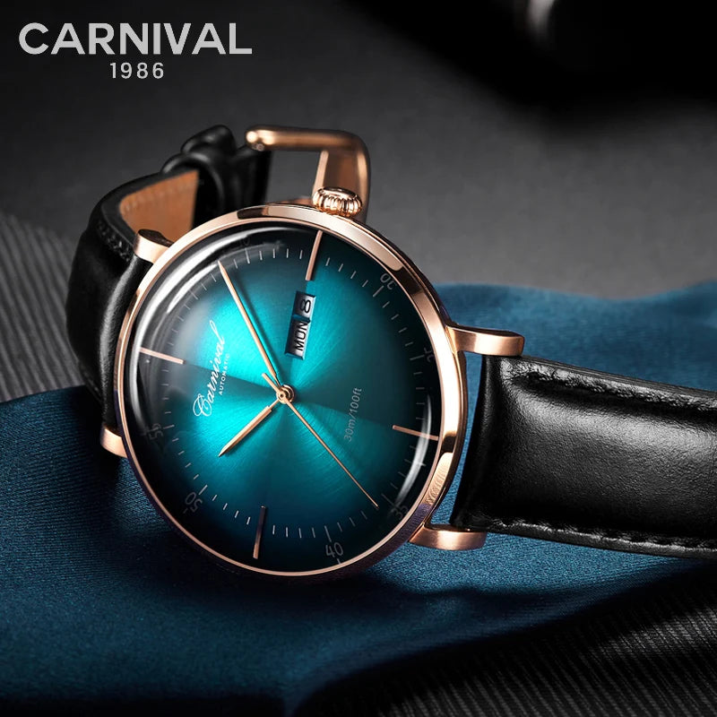 Carnival Brand 3D Curved Dial Luxury Sapphire Automatic Watch for Man Leather MIYIOTA Mechanical Watch Sports Wristwatch Male
