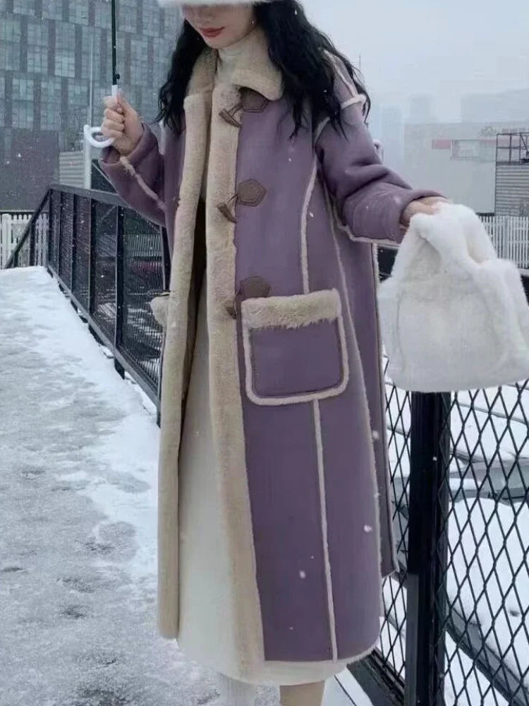 2025 Autumn Winter Women's Simple and Chic Long Coat with Button Design Lamb Wool Collar, Versatile and Stylish for Casual Wear