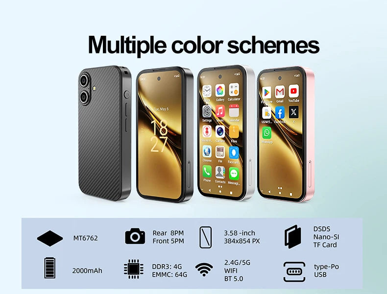 SOYES Q333 Mini Smartphone 4GB RAM 64GB ROM Android 12.0 Face Unlock 2000mAh 4G LTE Type-C OTG 3.58‘’ Screen Small Phone