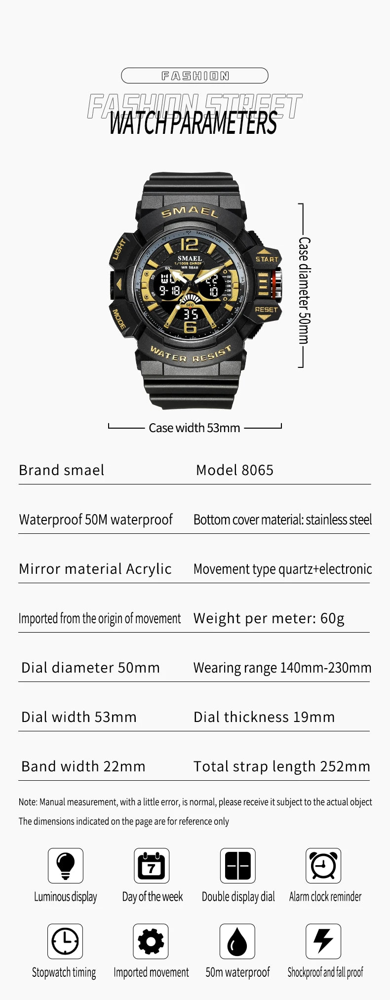 SMAEL Sport Watch for Men Waterproof Wristwatches Student Dual Display Digital Multi-function Stopwatch Clocks 8065 Male Watches