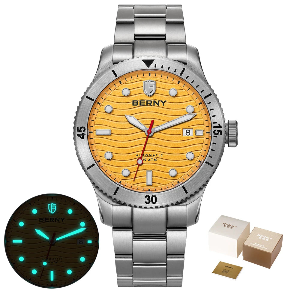 BERNY Top Automatic Diver Watch for Men PT5000 Movement 20ATM Waterproof Luminous Sapphire Lens Sport Swimming Diving Watch Men