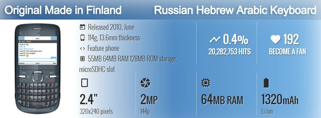 Original C3-00 C3 (2010) Mobile Cell Phone Russian Arabic Hebrew English Keyboard Made in Finland Unlocked