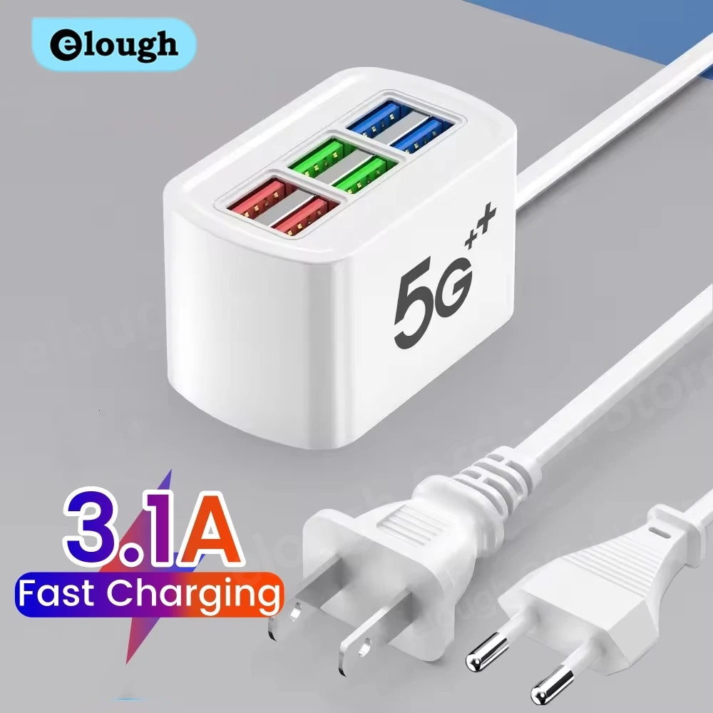 Elough 6 USB Charger Power Strip Desktop Fast Charging EU/US Plug Wall Phone Charger Adapter Electric Socket HUB Splitter 1M