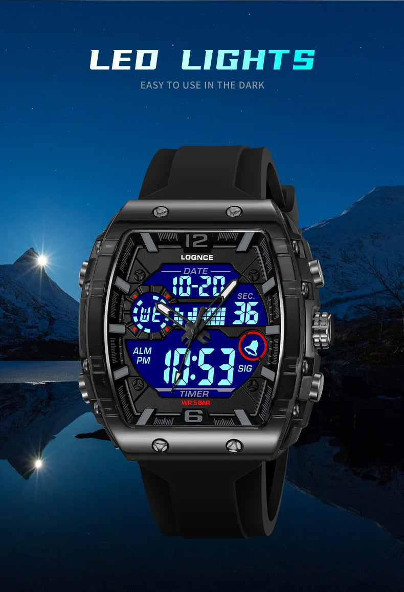 LOQNCE Sports Watches Fashion Men Watches 50m Waterproof Rectangle LED Big Dial Display Digital Watches LED Wristwatches Men