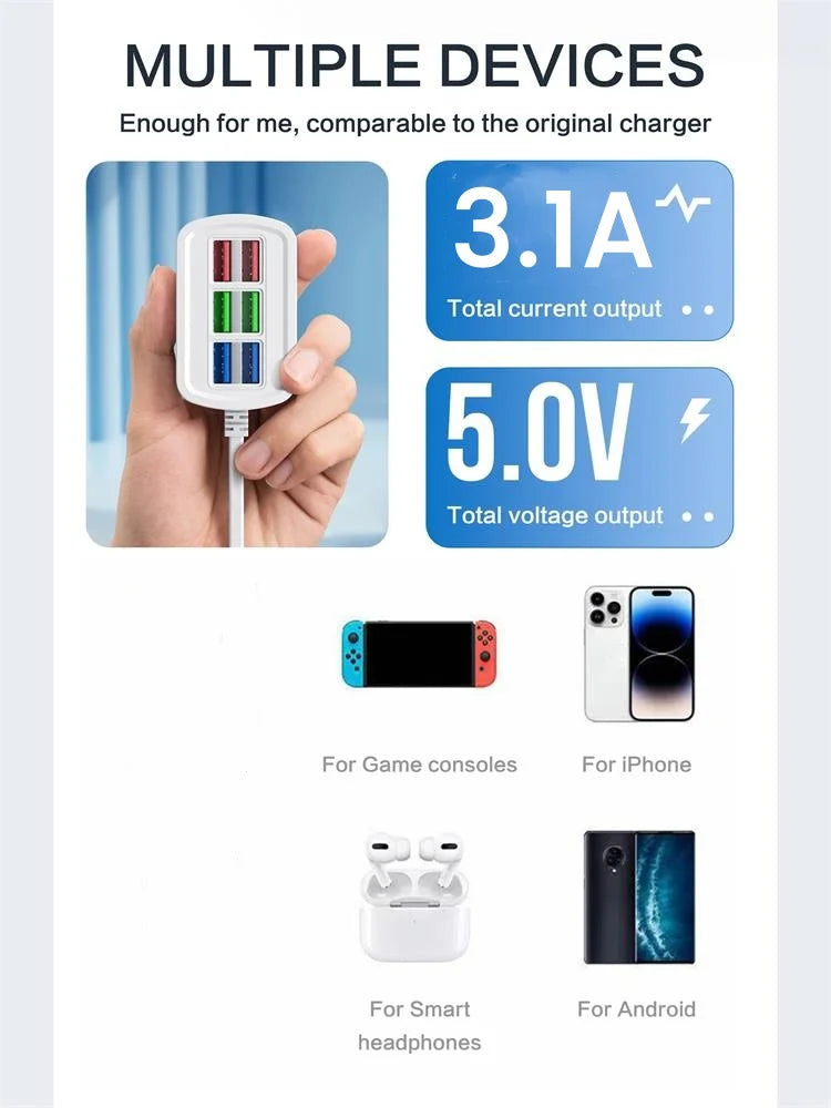 6 USB Charger Power Strip Universal Fast Charging EU/US Plug Phone Charger Adapter Electric Socket Extension Cable Table Socket