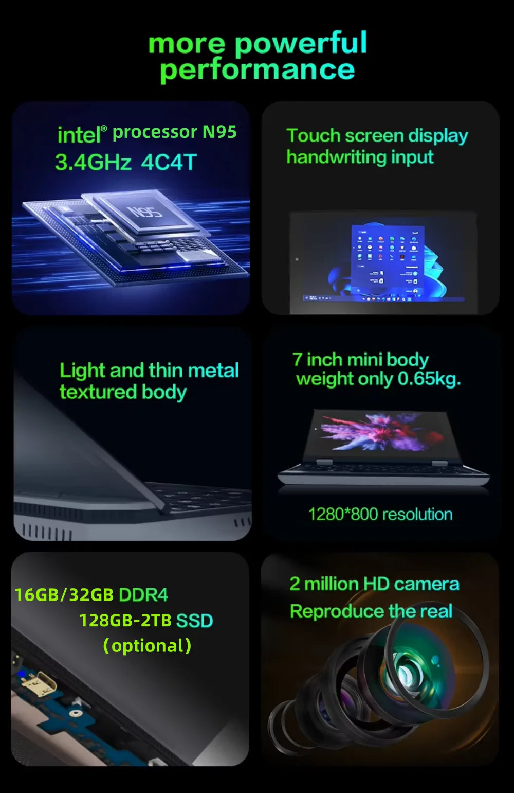 7 Inch Mini Laptop Intel N95 Notebook Touch Screen Portable Netbook Windows 11 Mini PC Micro Computer Bluetooth 4.2 16GB 1TB