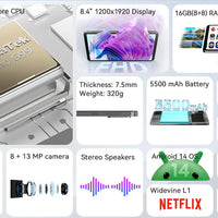 HEADWOLF FPad5/Pro Android 14 tablet 8.4 inch Max 16GB Ram 128GB/256GB ROM UFS2.1 Octa-core G99 Tablet PC Support WideVine L1