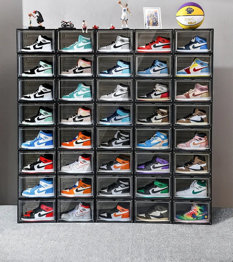 Transparent shoe box, hard box, magnetic storage, acrylic doll bag, hand-held storage box rack, front side opening shoe cabinet