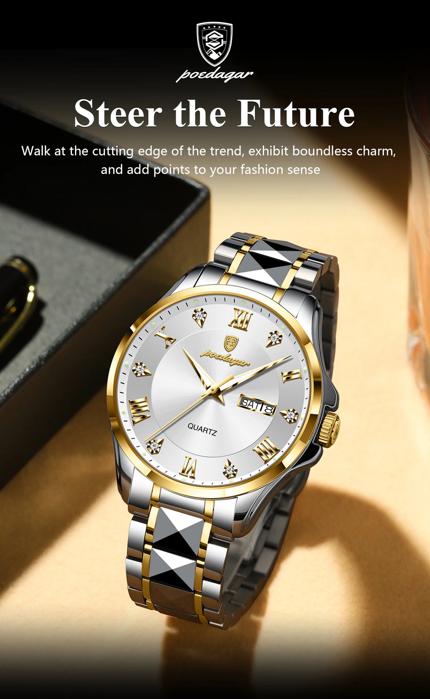 POEDAGAR Luxury Casual Man Watch Waterproof Luminous Date Week Quartz Men's Watches Stainless Steel Fashion Sport Men Wristwatch