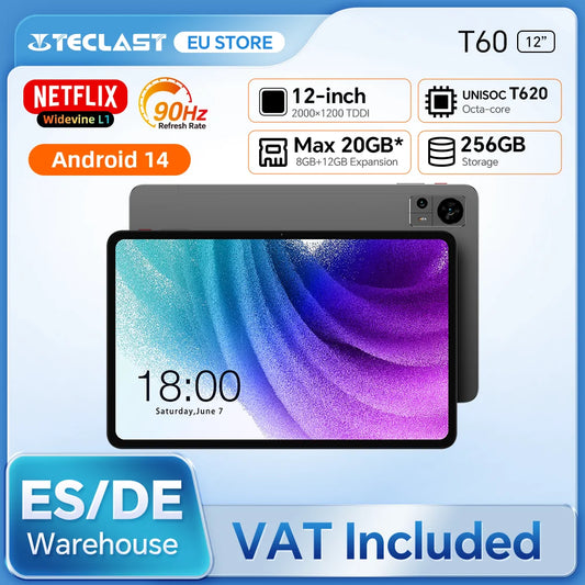 Teclast T60 12" Tablet 2K Display Android 14 T620 8-core Max 20GB RAM 256GB ROM 4G LTE type C 8000mAh Fast Charging Widevine L1