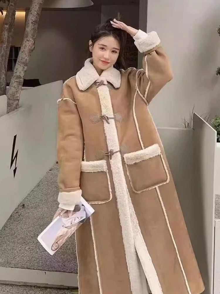2025 Autumn Winter Women's Simple and Chic Long Coat with Button Design Lamb Wool Collar, Versatile and Stylish for Casual Wear