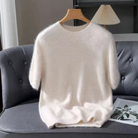 100% Mink Cashmere Knitted Short Sleeved Men's Loose Round Neck Solid Color Half Sleeved Simple T-Shirt Casual Business Cashmere