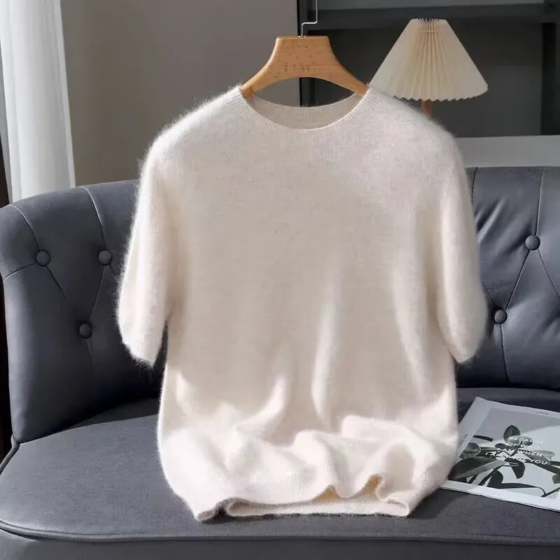 100% Mink Cashmere Knitted Short Sleeved Men's Loose Round Neck Solid Color Half Sleeved Simple T-Shirt Casual Business Cashmere