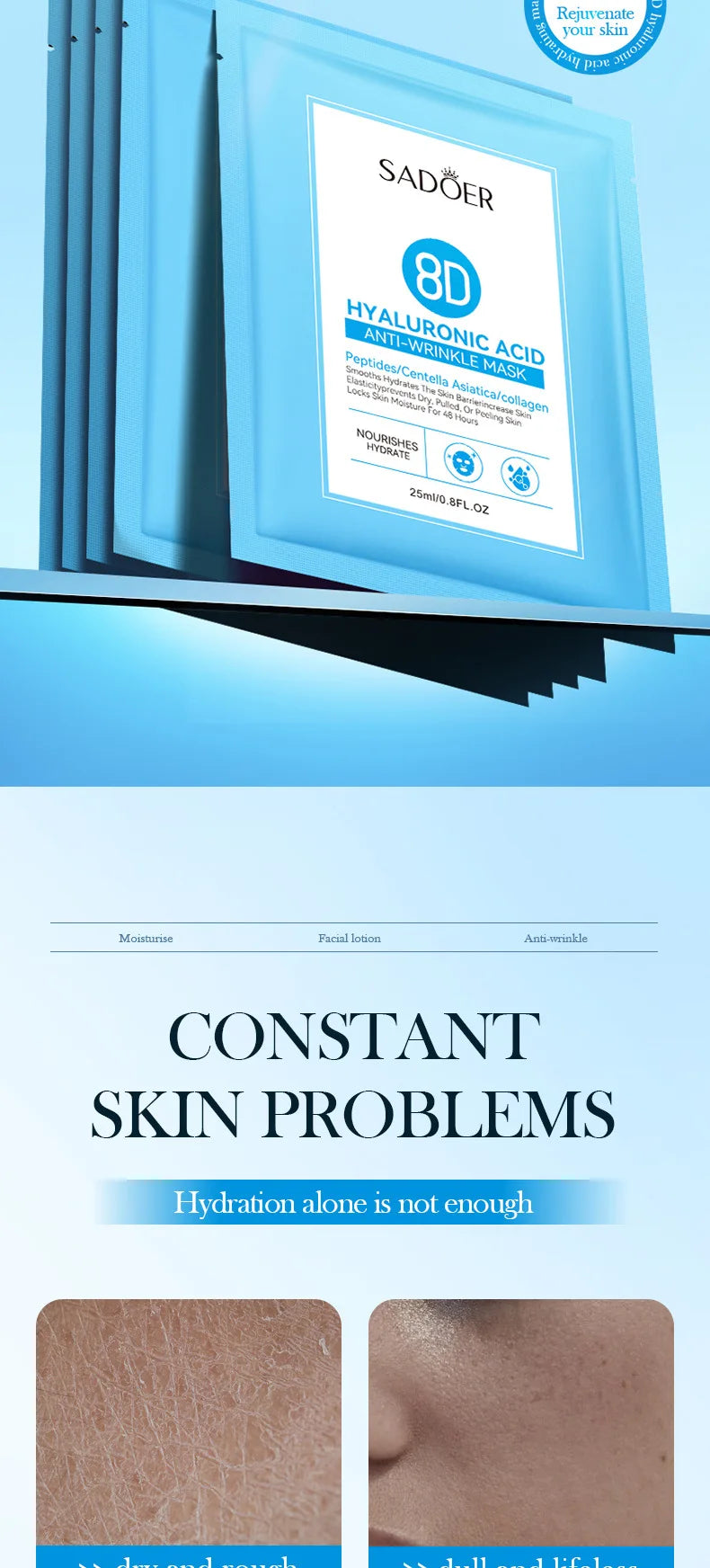 5pcs SADOER 8D Hyaluronic Acid Face Mask Anti Wrinkle Facial Moisturizing Nourishing Firming Hydrating Facial Mask Skin Care