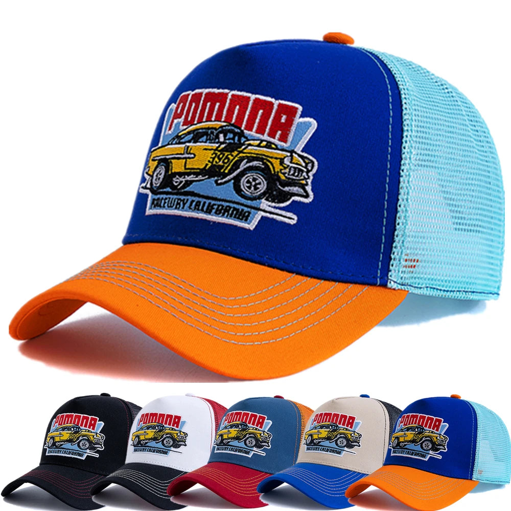 Hot Sale Unisex Summer Fishing Cap Breathable Mesh Trucker Hat Men Women Big Truck Embroidered Pattern Snapback Outdoor Hat