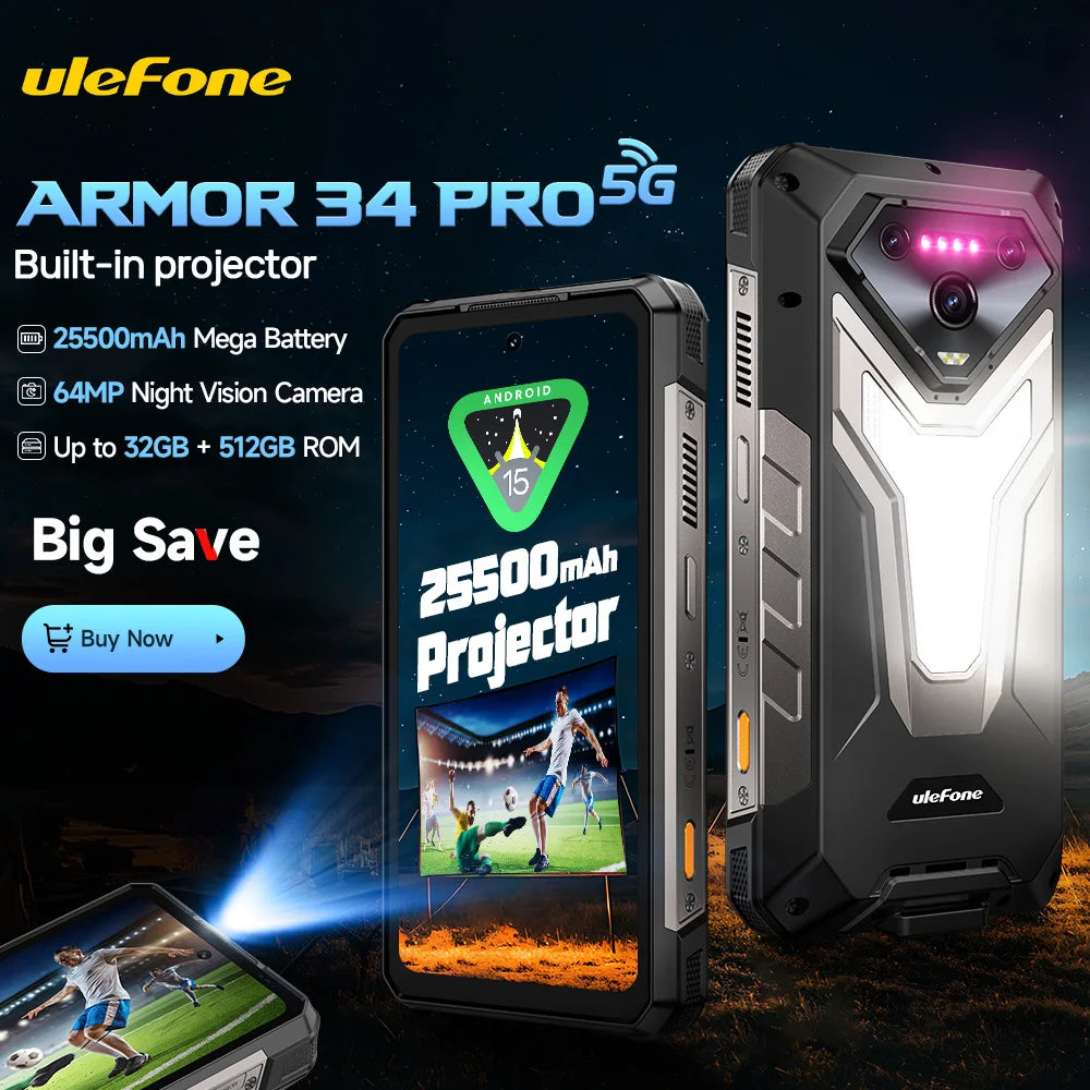 【World Premiere】Ulefone Armor 34 Pro 5G AI Rugged Phone 25500mAh Up to 32GB+512GB Built-in Projector 120Hz 6.95" NFC Smartphone