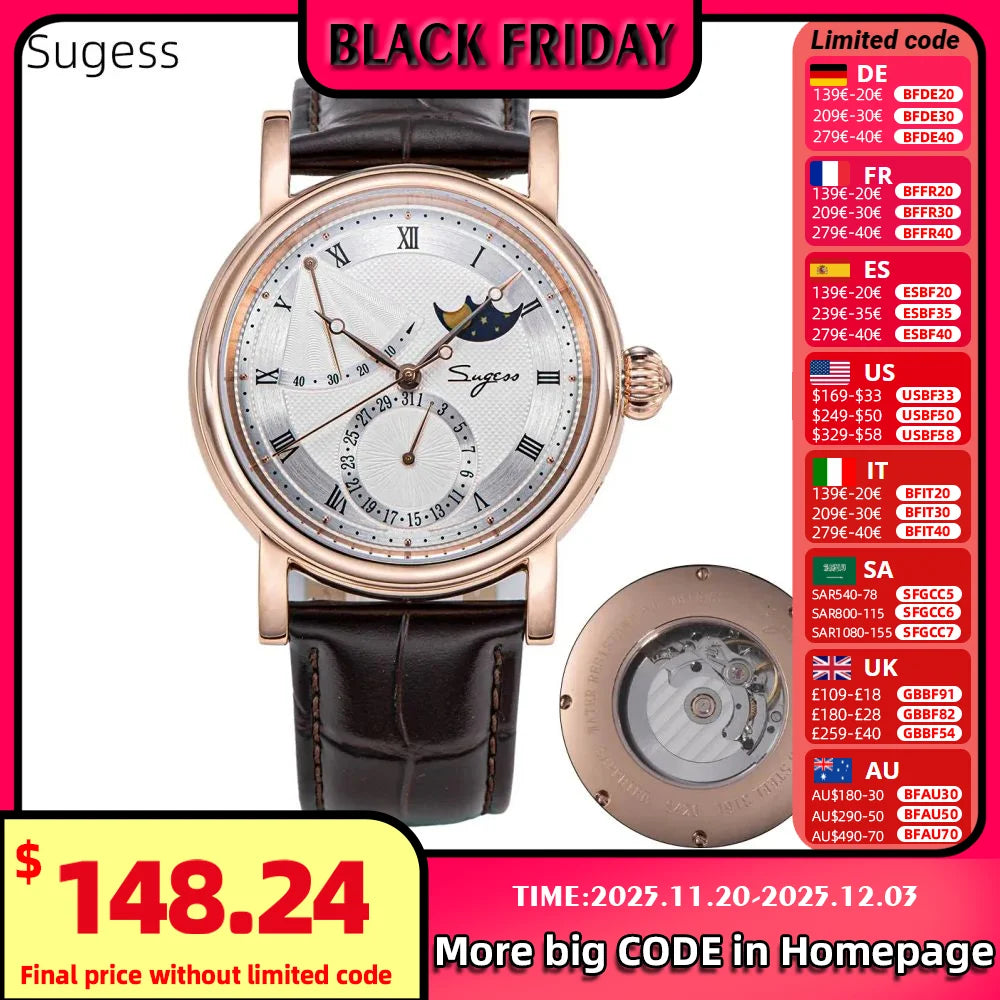 Sugess Men Watch Automatic Mechanical Original 2153 Movement Moon Phase Power Reserved Water Resistant Wristwatches Sapphire New