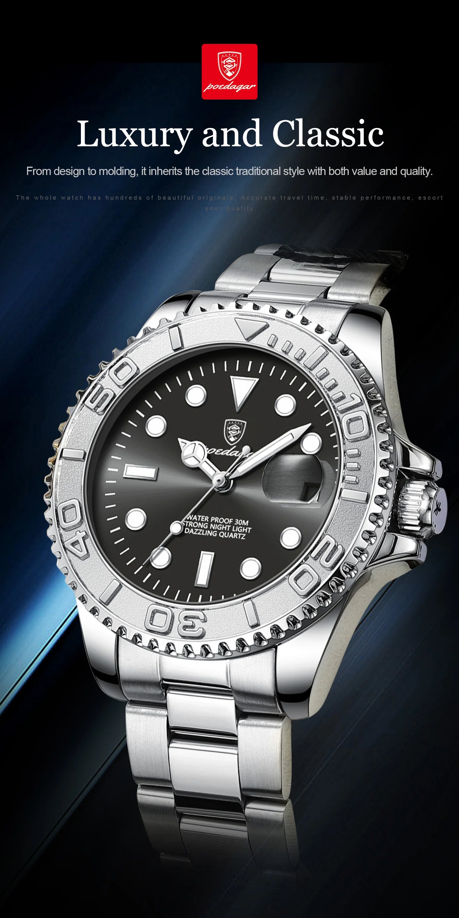 POEDAGAR Business Luxury Man Watch Luminous Waterproof Date Stainless Steel Men Watch High Quality Military Men's Quartz Watches