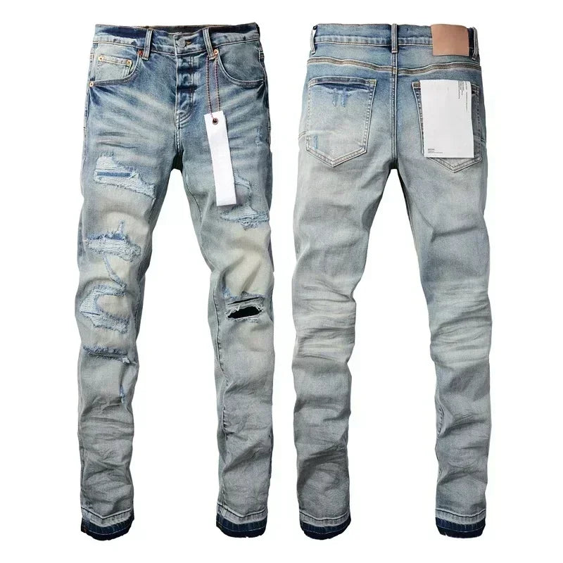 2025 Jeans Man's High Street Blue Ripped Distressed Skinny Jeans Low Rise Denim Trousers Fashion Repair Pants 9003