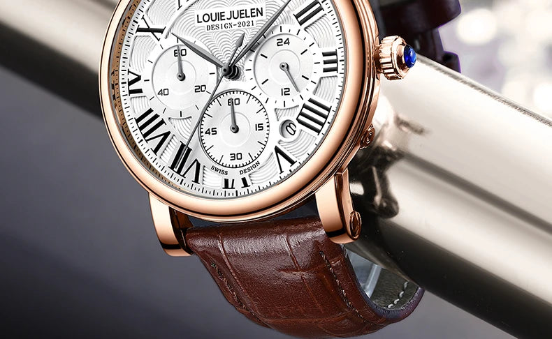 Fashion Mens Watches Top Brand Luxury Genuine Leather Strap Quartz Men's Watch Business Casual Date Chronograph Watch Men