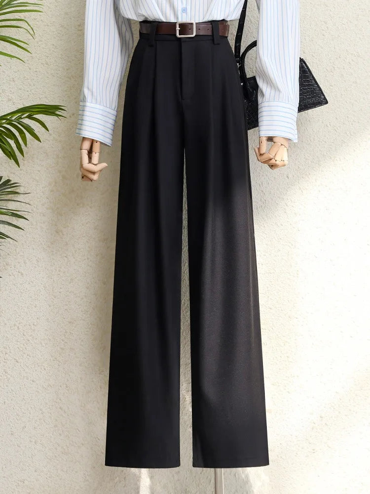 2025 New Burgundy Suits Pants for Women Office Lady Elegant High Waist Wide Leg Fashion Trousers with Pockets Black Gray