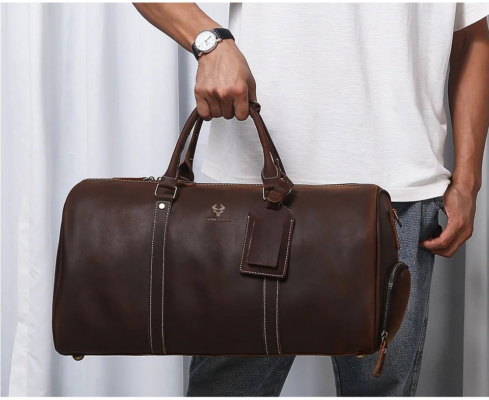 Men's Crazy Horse Leather Duffle Bag Large Capacity Travel Luggage Bag Fits 15'' Laptop & Shoes Durable Totes Bags for Business