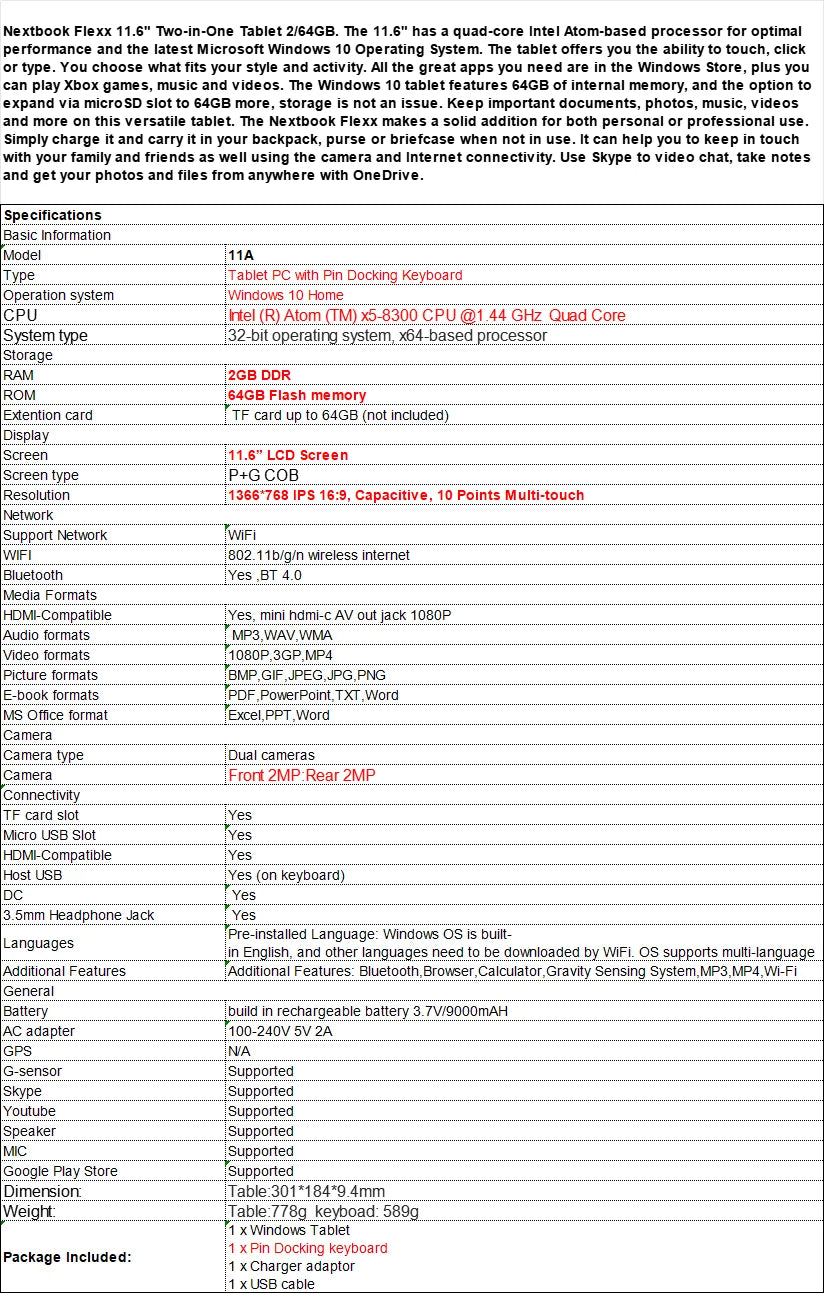 11.6” LCD Screen 2GB RAM 64GB ROM 2 IN 1Tablet PC 11A Tablet PC x5-8300 CPU with Pin Docking Keyboard Windows 10 Home  P+G COB