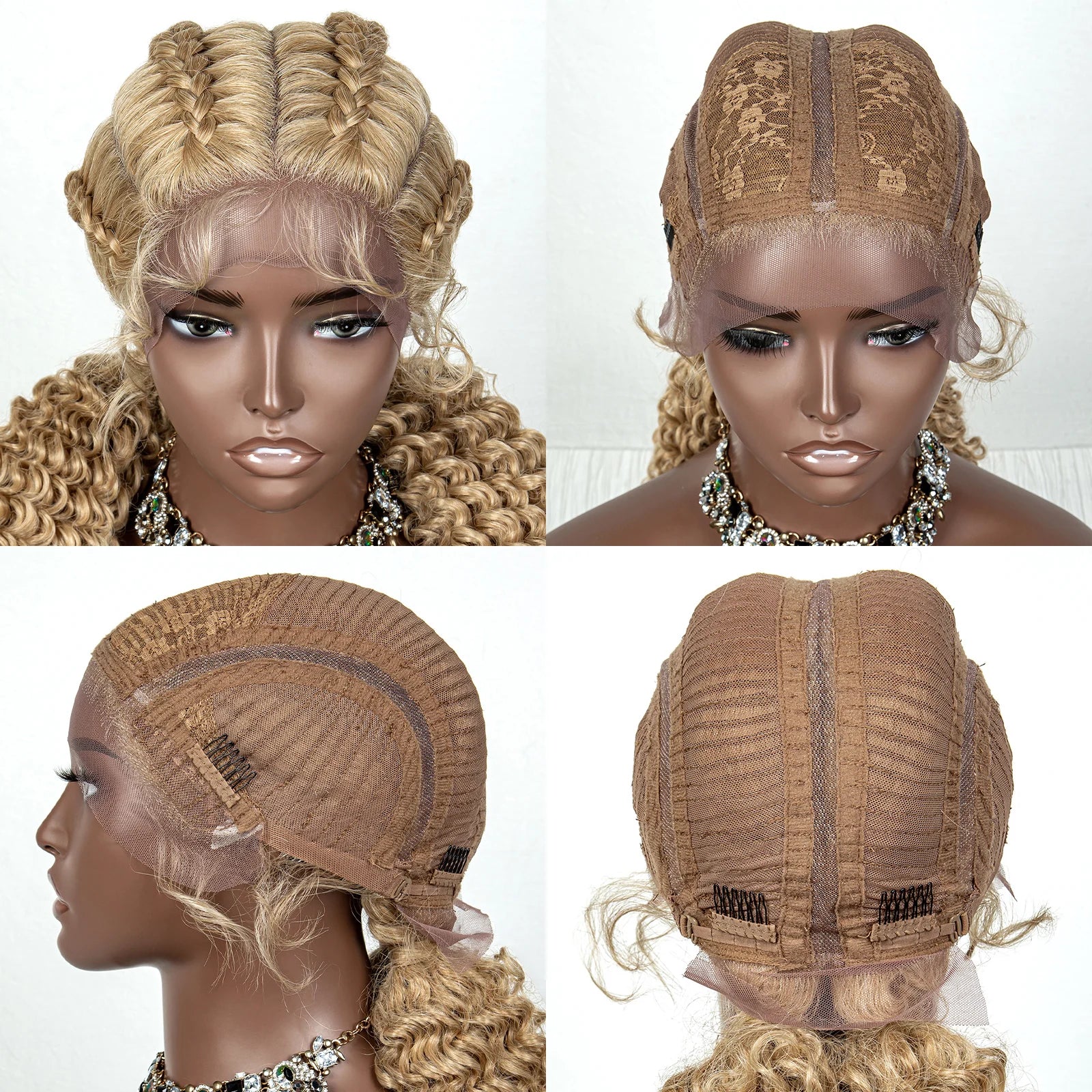 22inch Cornrow Braided Wigs Synthetic Lace Front Braids Wigs with Baby Hair 2 Curly Ponytail Braided Wigs for Black Women