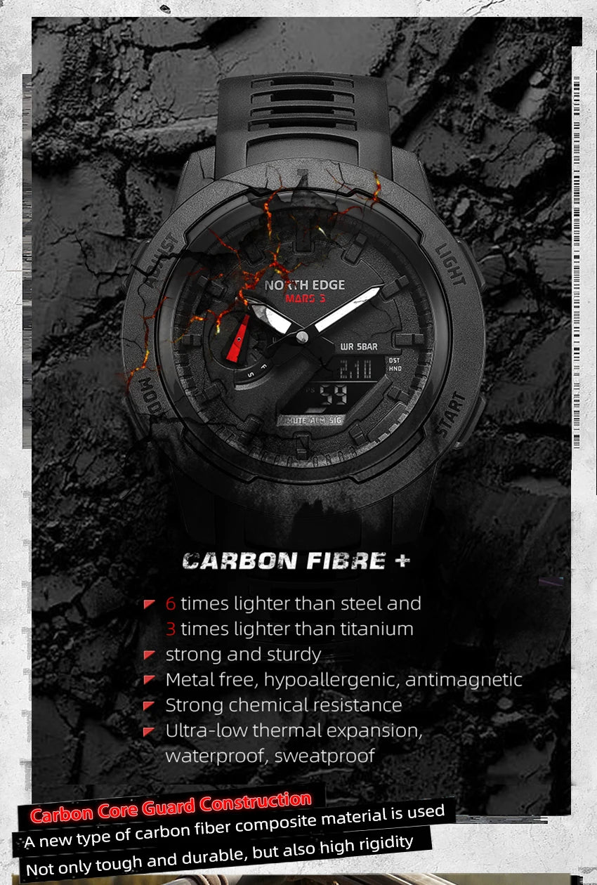 NORTH EDGE Mars3 Men's Military Watch Digital Carbon Fiber Case For Man Waterproof 50M Sports Watches World Time