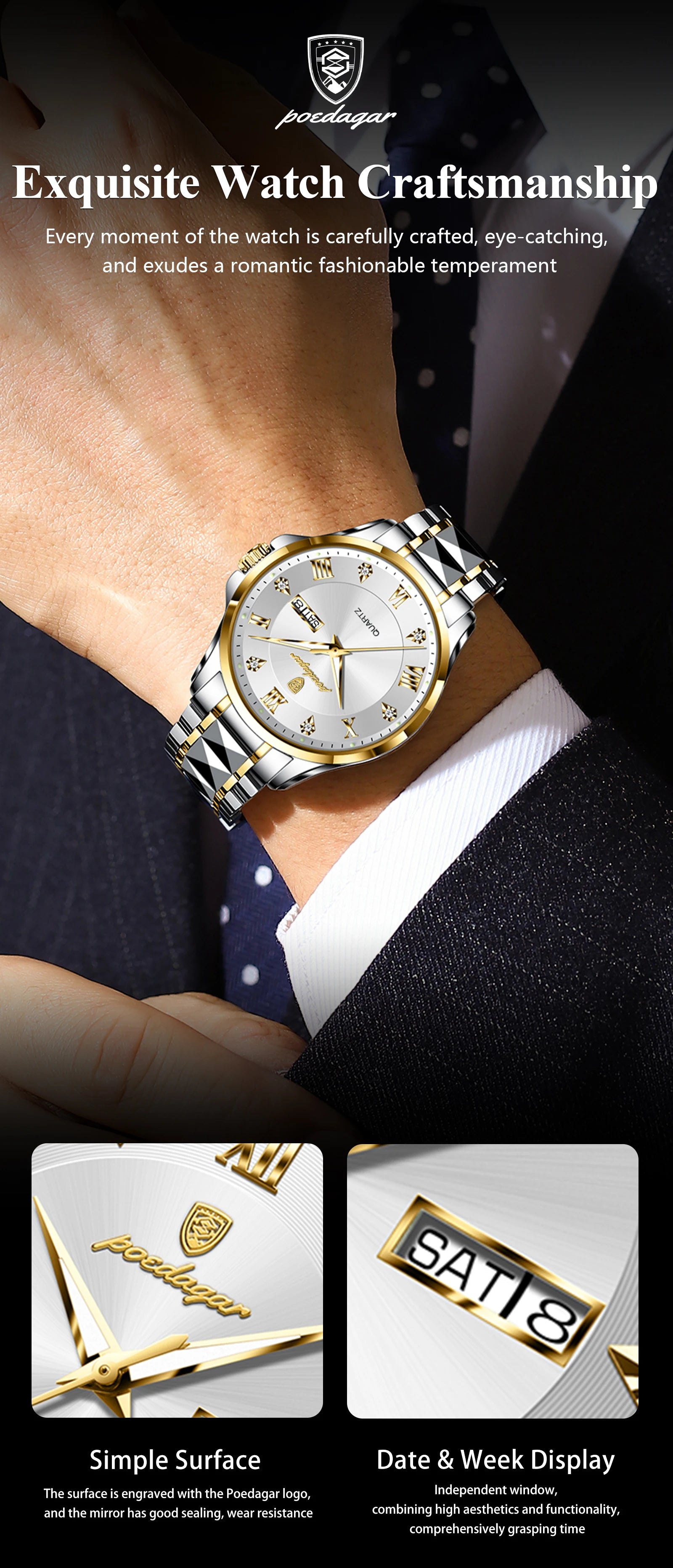 POEDAGAR Luxury Casual Man Watch Waterproof Luminous Date Week Quartz Men's Watches Stainless Steel Fashion Sport Men Wristwatch