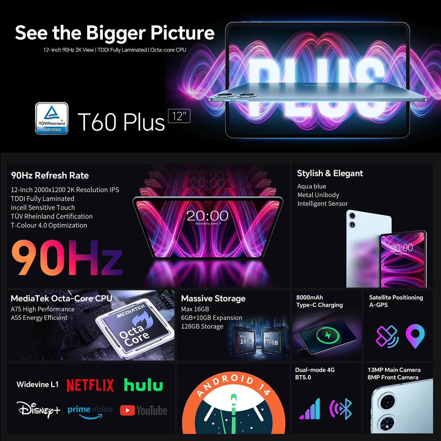 Teclast T60 Plus Tablet 12" 90Hz 2K Display Android 14 MTK G88 Octa-Core Max 16GB RAM 128GB ROM Widevine L1 4G LTE GPS 8000mAh