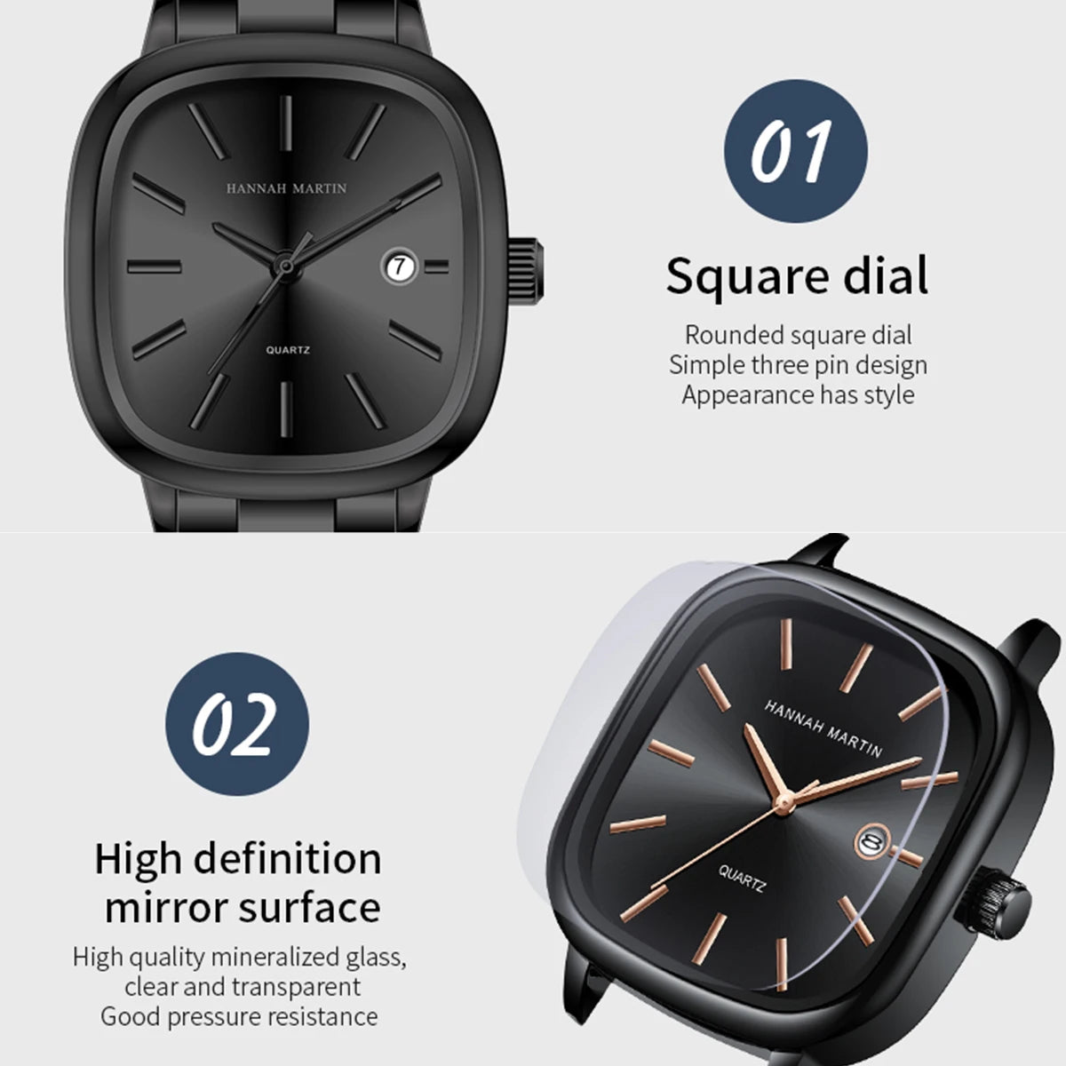 Japanese Movement Square Fashion Stainless Steel Strap Original Business Style Silver Black Waterproof 3Bar Quartz Watch for Men