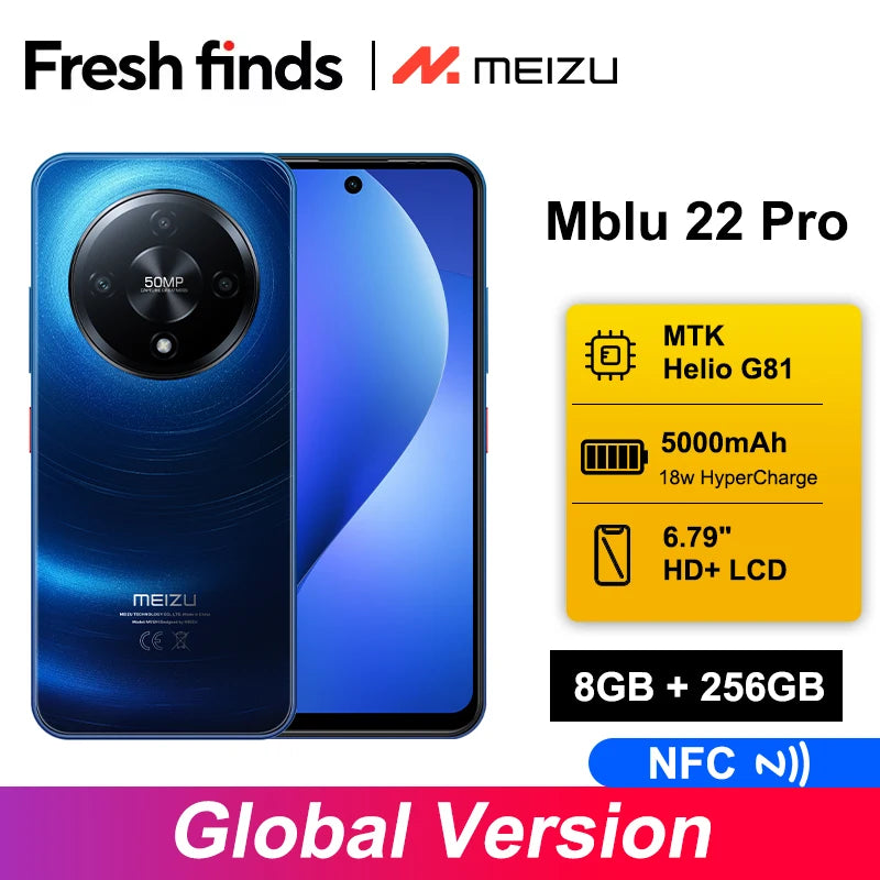 2025 New Global Version Meizu Mblu 22 Pro Smartphone 50MP Main Camera 120Hz 6.79'' LCD 5000mAh Battery 18W Fast ChargerNFC