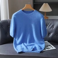 100% Mink Cashmere Knitted Short Sleeved Men's Loose Round Neck Solid Color Half Sleeved Simple T-Shirt Casual Business Cashmere