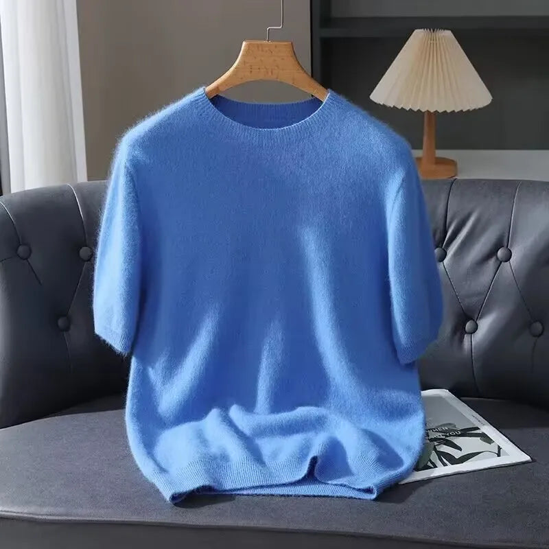 100% Mink Cashmere Knitted Short Sleeved Men's Loose Round Neck Solid Color Half Sleeved Simple T-Shirt Casual Business Cashmere