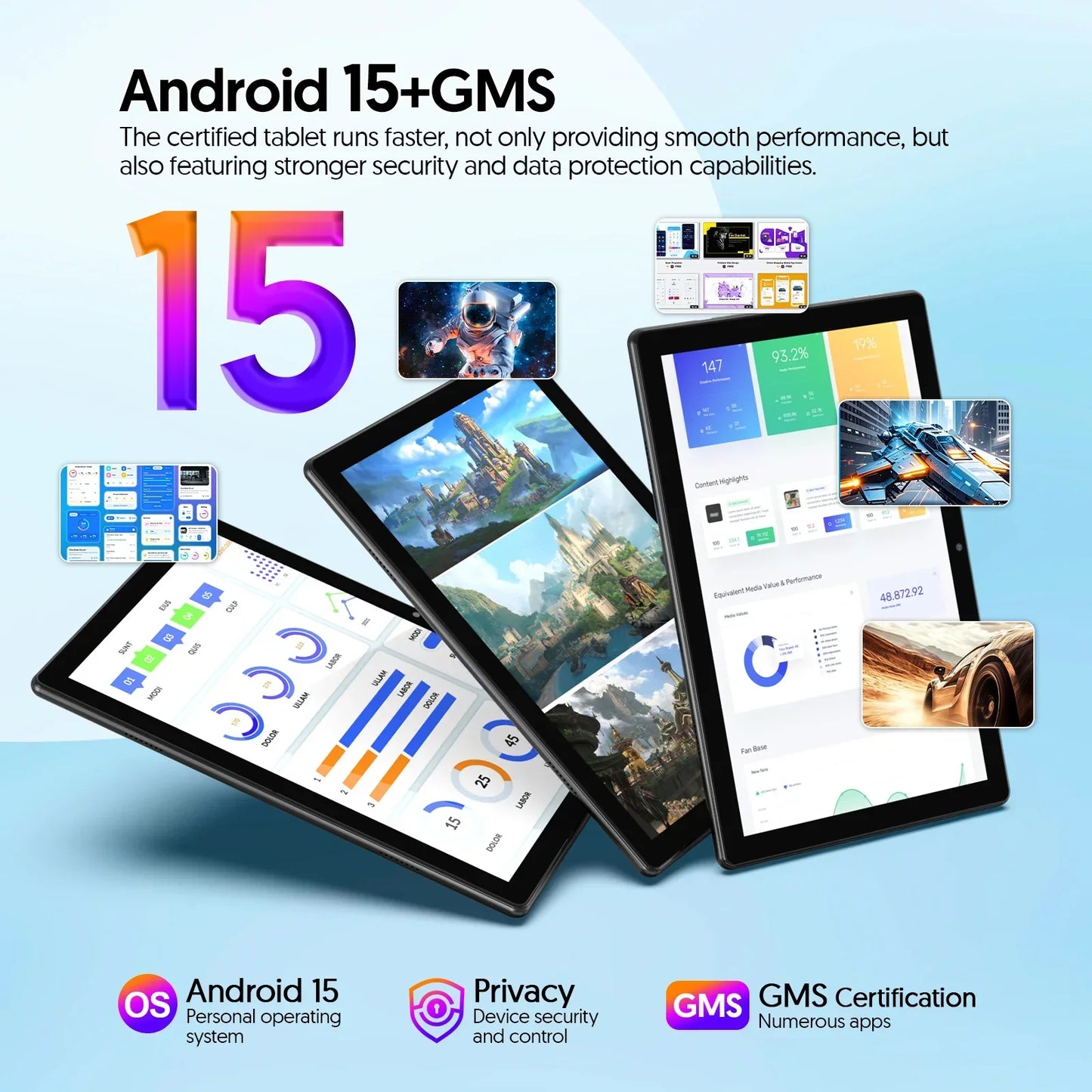 BAKEN 10-inch Android 15 tablet, quad-core processor, 12GB (3+9 expansion) RAM + 64GB storage, 5G WiFi, 1280*800 dual cameras