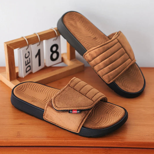 Men's Fashion Slippers Solid Color Flat Heel Retro Style Solid Color Ultra-light Soft Sole Silent Home Suede Casual Shoes