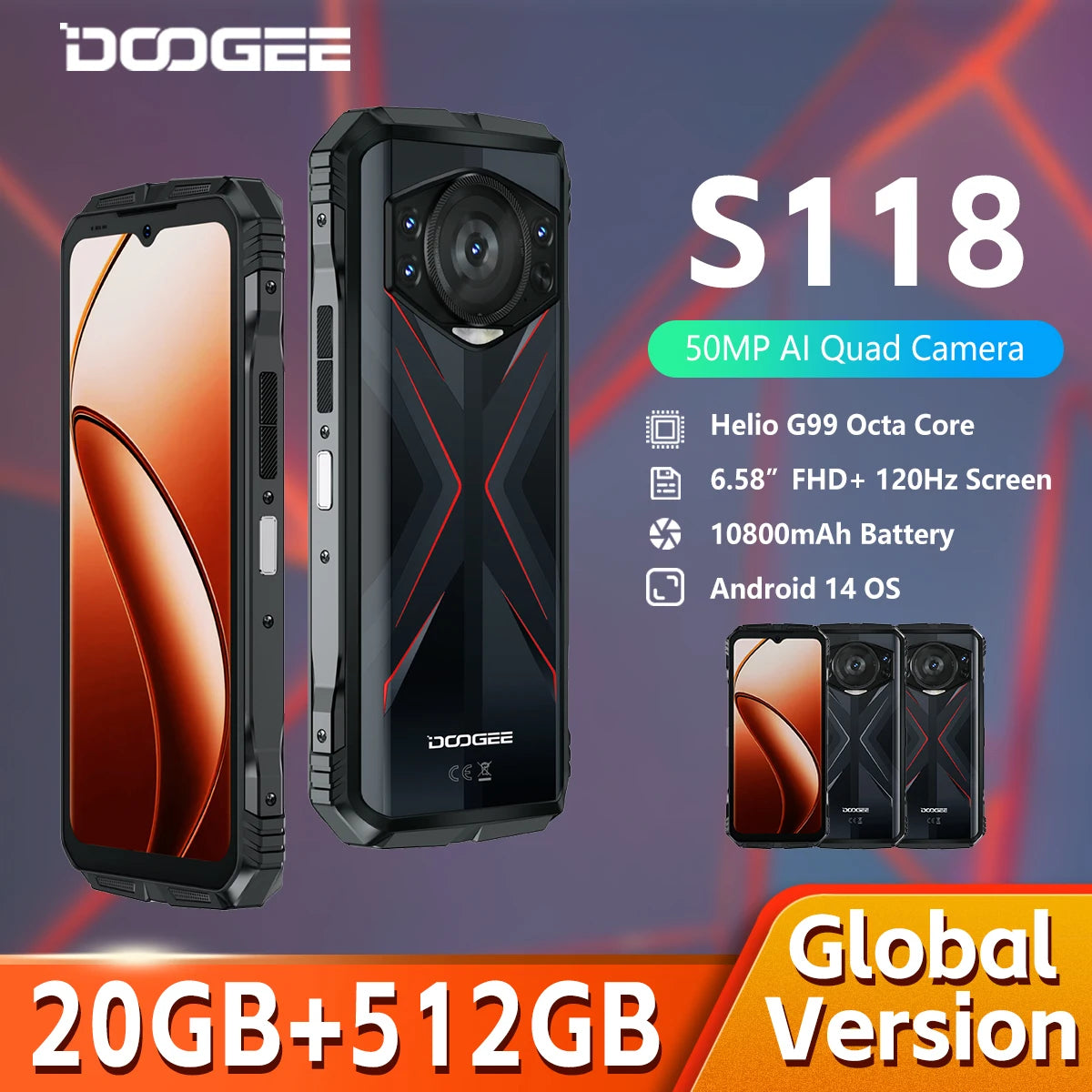 [World Premiere] DOOGEE S118 Rugged Smartphone 20GB(8GB+12GB Extended)  512GB 6.58" FHD+ Screen 50MP Camera Android 14 Cellphone