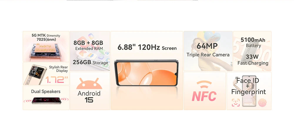 6.88-Inch Android Smartphone 5G Cubot X100, Dimensity 7025, 6nm, 2.5GHz, 16GB(8+8), 256GB, 64MP Camera, 5100mAh Battery, NFC