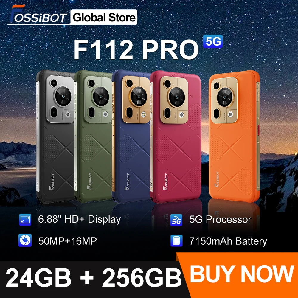 Fossibot F112 PRO 5G Rugged Smartphone 6.88" HD+ 7150mAh 24GB(8+16) 256GB Mobile Phone 50MP Environmentally Friendly Cellphone