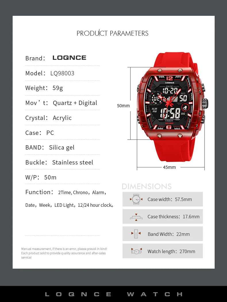 LOQNCE Sports Watches Fashion Men Watches 50m Waterproof Rectangle LED Big Dial Display Digital Watches LED Wristwatches Men