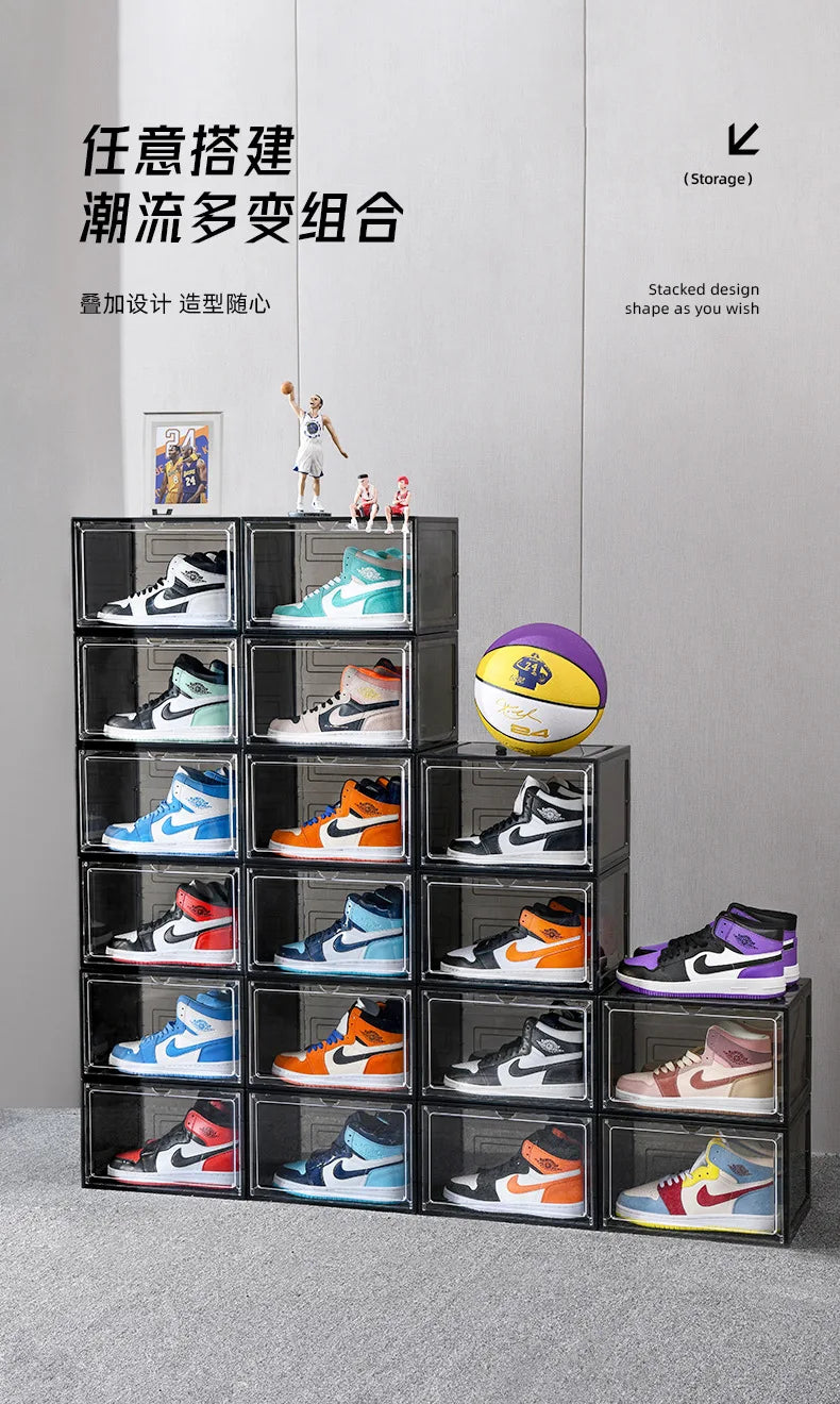 Transparent shoe box, hard box, magnetic storage, acrylic doll bag, hand-held storage box rack, front side opening shoe cabinet