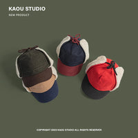 Retro Woolen Color Matching Bomber Hat Men and Women Street Japanese Trend Peaked Cap Plush Thermal Ear Protection Baseball Cap