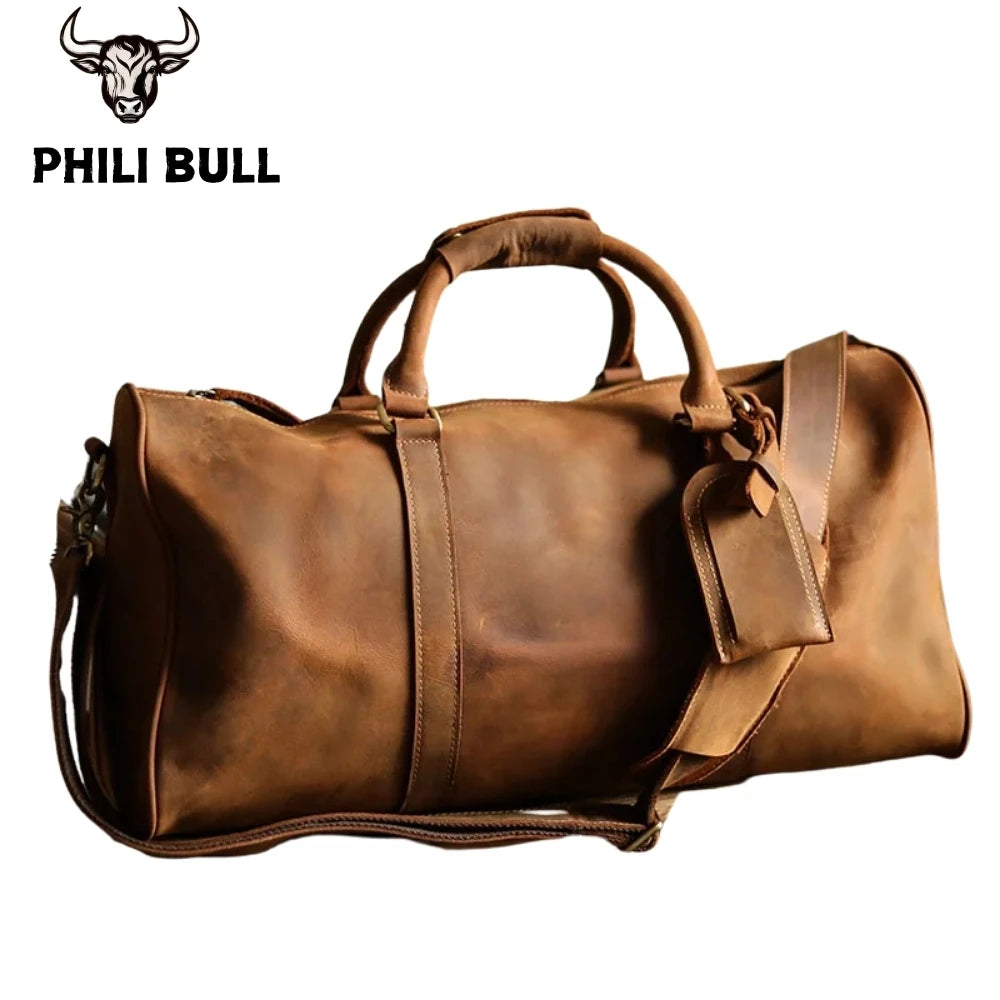 PHILI BULL Leather Men's Bags Vintage Travel  Duffle Bag Weekend Bag  Handbags  Messenger Bags Luggage Bag With Shoe Compartment