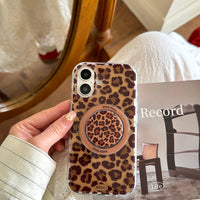 3D Luxury Leopard For Magsafe Grip Tok Phone Case for IPhone 17 16 15 13 Pro Max Wireless Charge Magnetic Stand Holder Cover
