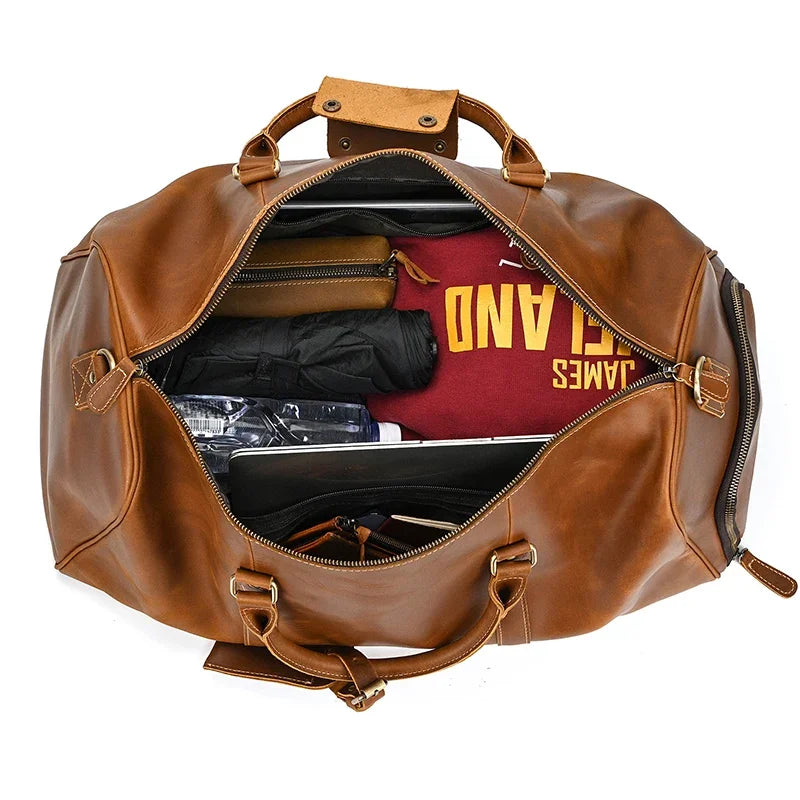 Custom Name Mens Leather Travel Duffle Bag Cow Leather Men's Weekender Bags Real Cowskin Leather Handbags For Travelling Outdoor
