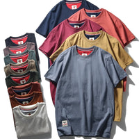 2025 Summer New American Retro Short Sleeve O-neck Solid Color T-shirt Men's Fashion 100% Cotton Washed Casual Terry Cloth Tops