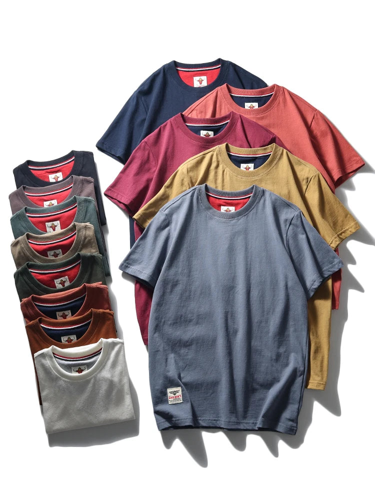 2025 Summer New American Retro Short Sleeve O-neck Solid Color T-shirt Men's Fashion 100% Cotton Washed Casual Terry Cloth Tops